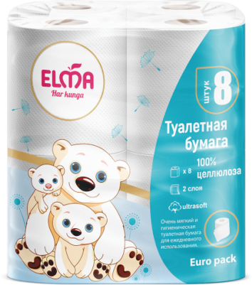 Туалетная бумага Elma Euro Pack 8 шт., 100% Целлюлоза, 2 слоя, 16 м (103)