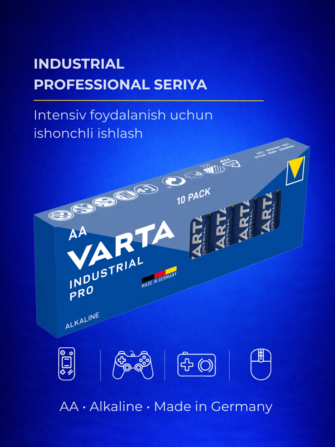 10 шт Батарейки VARTA Industrial PRO AA (LR6) щелочные — игрушки, пульты, фонари