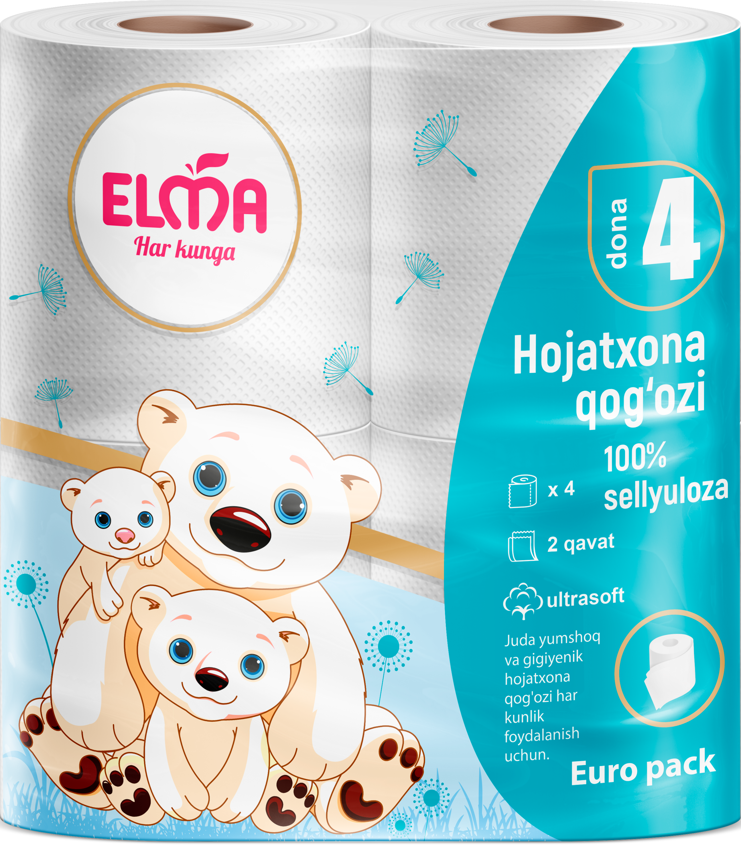 Туалетная бумага Elma Euro Pack 4 шт., 100% Целлюлоза, 2 слоя, 16 м (108)