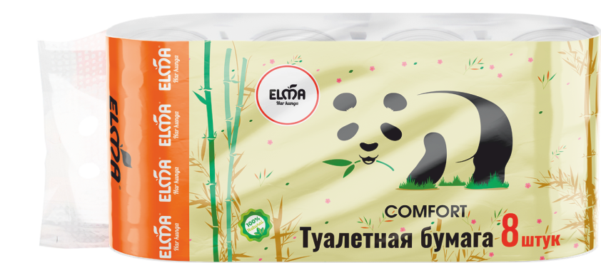 Туалетная бумага Elma Panda Asian Pack Comfort 8 шт., Переработанная бумага, 3 слоя, 18 м (102)